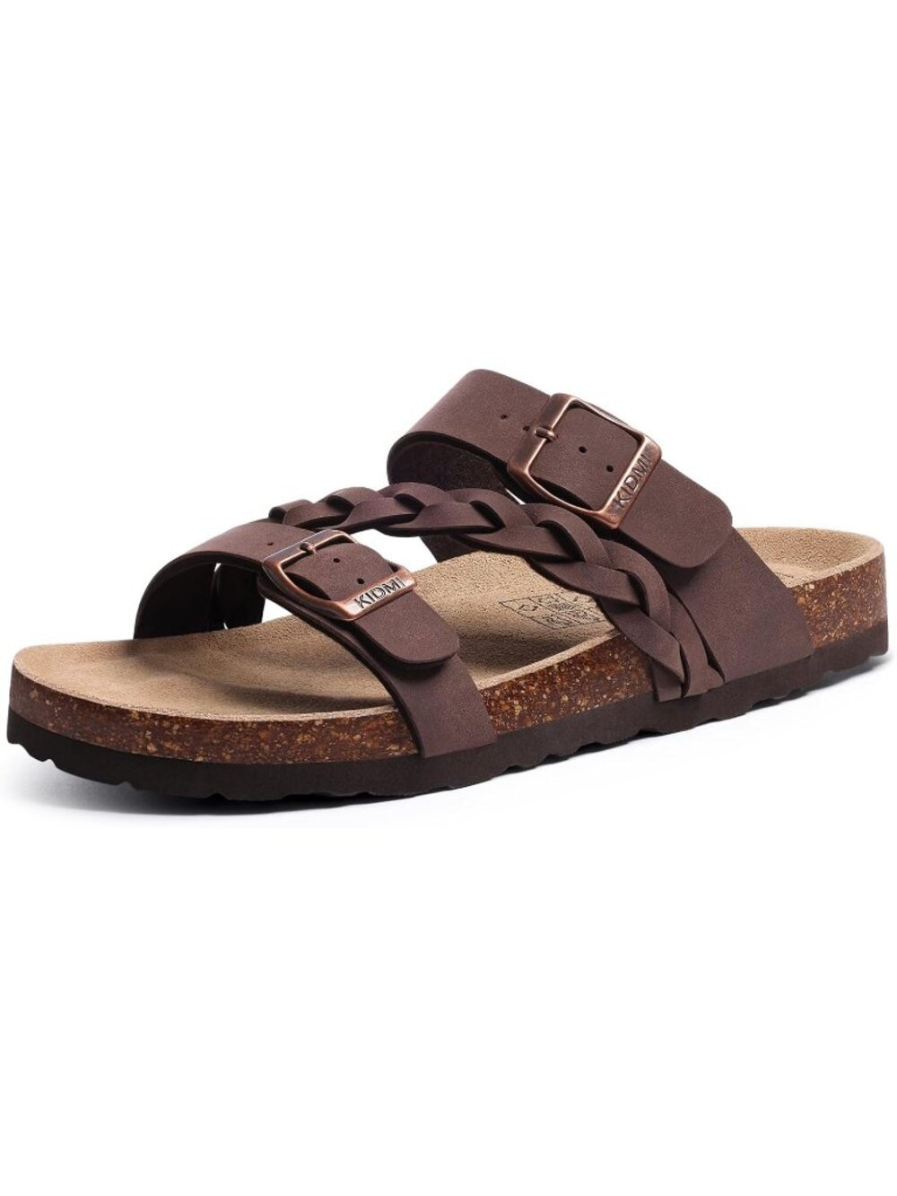 Women's Brown Slide Flat Sandals Cork Footbed Slip-On Adjustable Buckle Shoes